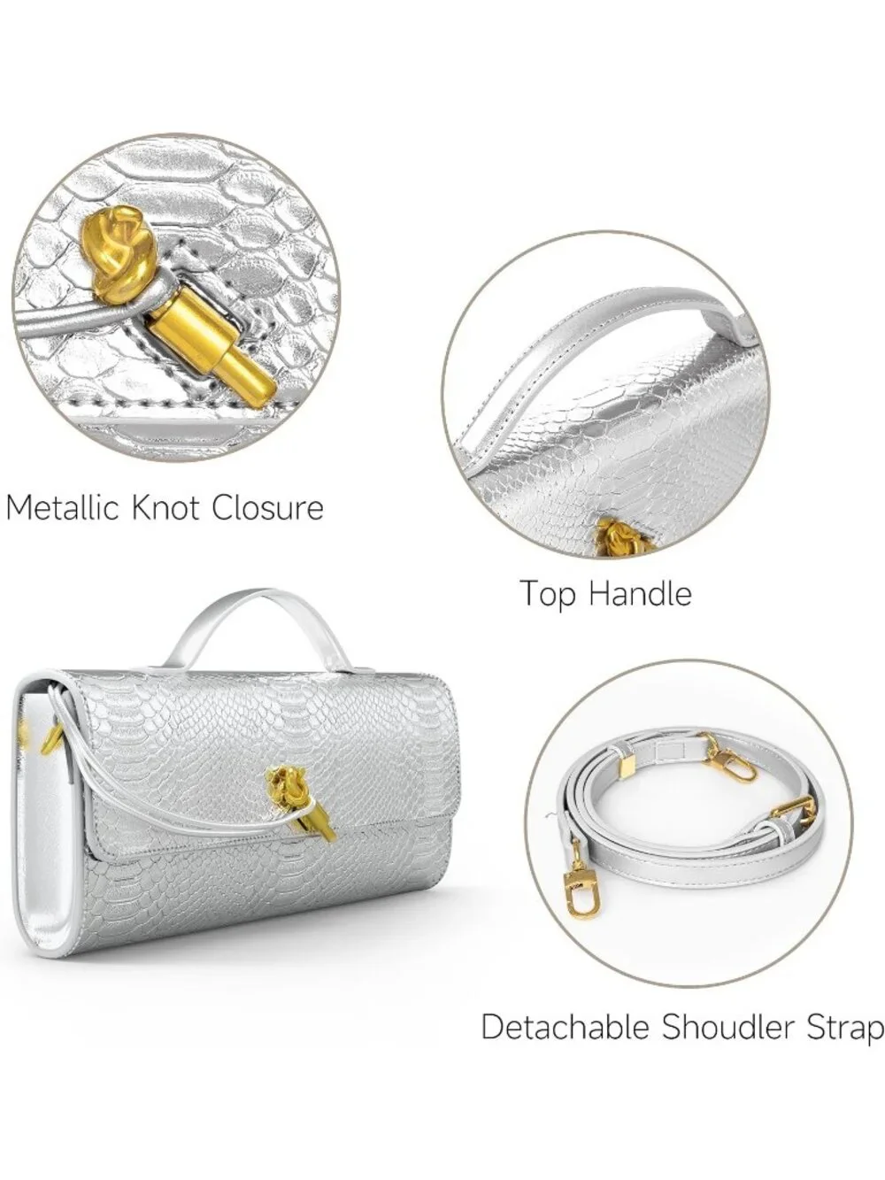 Womens Silver Croco Leather Suede Clutch Purse Evening Crossbody Handbag